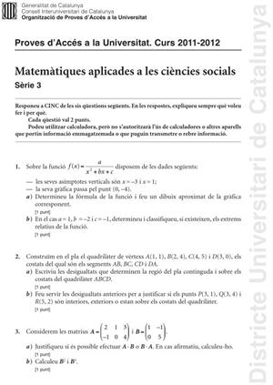 Examen de Selectividad: Matemáticas aplicadas. Cataluña. Convocatoria Junio 2012