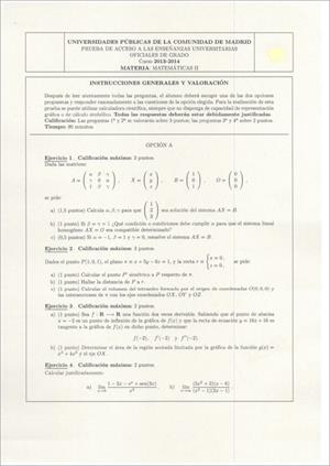 Examen de Selectividad: Matemáticas II. Madrid. Convocatoria Junio 2014