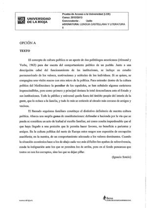 Examen de Selectividad: Lengua castellana y su Literatura. La Rioja. Convocatoria Julio 2013
