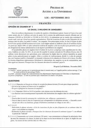 Examen de Selectividad: Francés. Cantabria. Convocatoria Septiembre 2013
