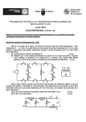 Examen de Selectividad: Electrotecnia. Murcia. Convocatoria Junio 2013