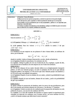 Examen de Selectividad: Matemáticas aplicadas a las CCSS. Andalucía. Convocatoria Junio 2013