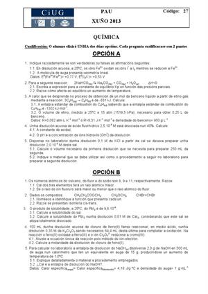 Examen de Selectividad: Química. Galicia. Convocatoria Junio 2013