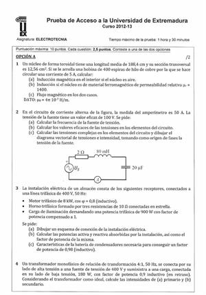 Examen de Selectividad: Electrotecnia. Extremadura. Convocatoria Junio 2013