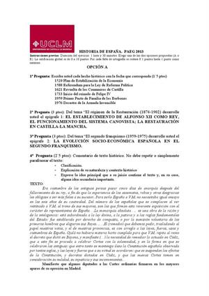 Examen de Selectividad: Historia de España. Castilla-La Mancha. Convocatoria Septiembre 2013