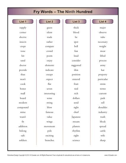 Fry Words  – The 9th Hundred