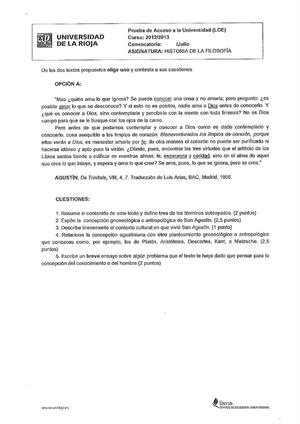 Examen de Selectividad: Historia de la filosofía. La Rioja. Convocatoria Julio 2013