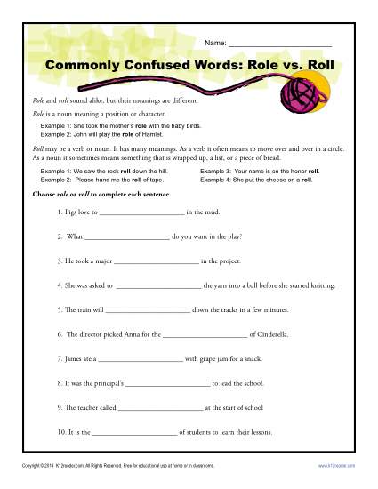 Commonly Confused Words Worksheet: Role vs. Roll