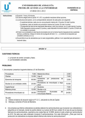 Examen de Selectividad: Economía 1. Andalucía. Convocatoria Junio 2012