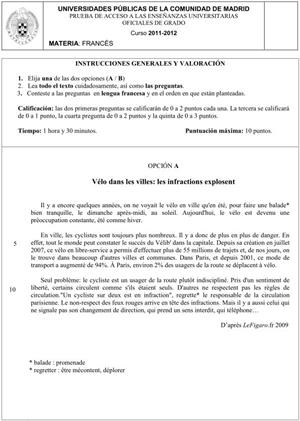 Examen de Selectividad: Francés. Comunidad de Madrid. Convocatoria Junio 2012