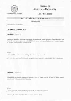 Examen de Selectividad: Economía. Cantabria. Convocatoria Junio 2013
