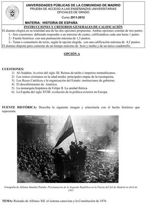Examen de Selectividad: Historia de España. Comunidad de Madrid. Convocatoria Junio 2012