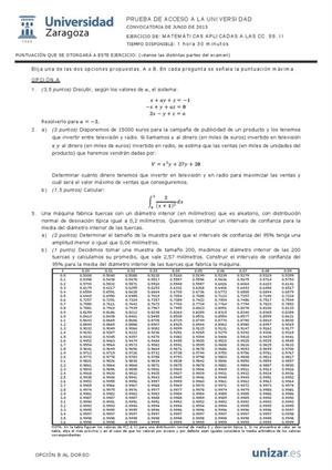 Examen de Selectividad: Matemáticas CCSS. Aragón. Convocatoria Junio 2013