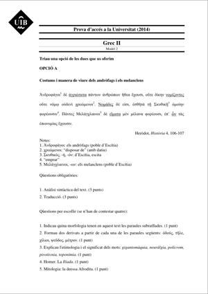 Examen de Selectividad: Griego. Islas Baleares. Convocatoria Junio 2014