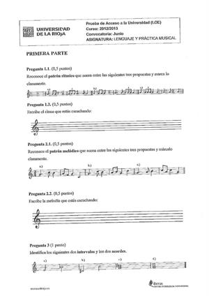 Examen de Selectividad: Lenguaje y práctica musical. La Rioja. Convocatoria Junio 2013