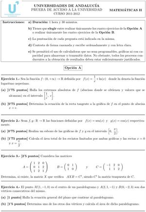 Examen de Selectividad: Matemáticas II 1. Andalucía. Convocatoria Junio 2012