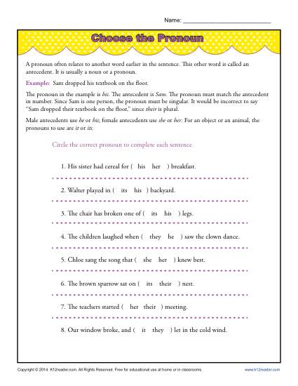 Choose the Pronoun – Pronoun Agreement Worksheet