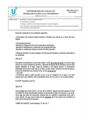 Examen de Selectividad: Historia de la filosofía. Andalucía. Convocatoria Septiembre 2013