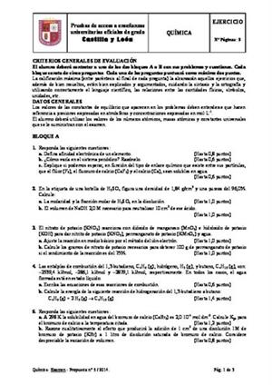 Examen de Selectividad: Química. Castilla y León. Convocatoria Junio 2014