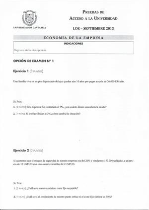 Examen de Selectividad: Economía. Cantabria. Convocatoria Septiembre 2013