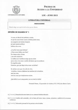 Examen de Selectividad: Literatura universal. Cantabria. Convocatoria Junio 2013