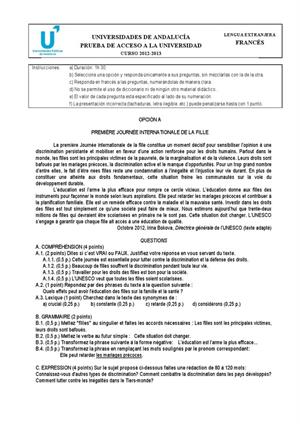 Examen de Selectividad: Francés. Andalucía. Convocatoria Septiembre 2013
