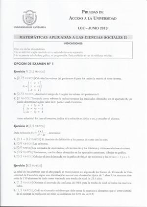 Examen de Selectividad: Matemáticas CCSS. Cantabria. Convocatoria Junio 2013