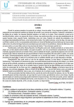 Examen de Selectividad: Lengua castellana y Literatura 4. Andalucía. Convocatoria Junio 2012
