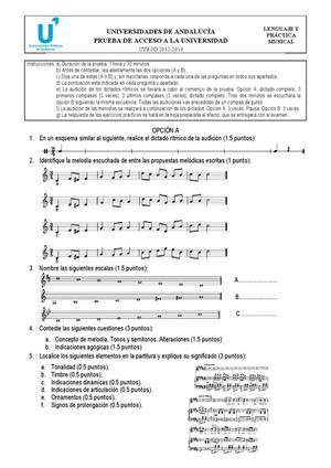 Examen de Selectividad: Lenguaje y práctica musical. Andalucía. Convocatoria Septiembre 2013
