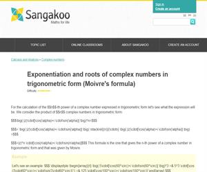 Exponentiation and roots of complex numbers in trigonometric form (Moivre's formula)