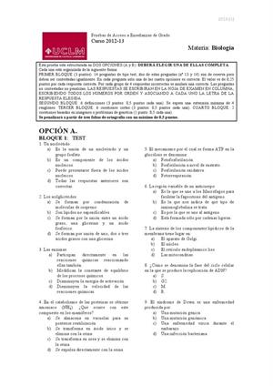 Examen de Selectividad: Biología. Castilla-La Mancha. Convocatoria Septiembre 2013