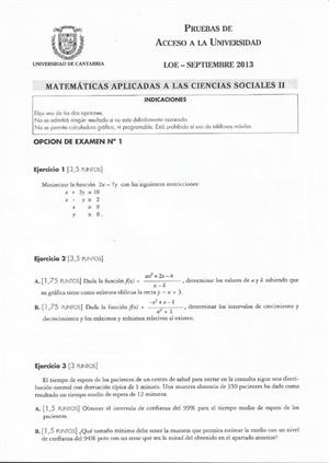 Examen de Selectividad: Matemáticas CCSS. Cantabria. Convocatoria Septiembre 2013