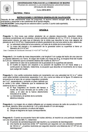 Examen de Selectividad: Física. Madrid. Convocatoria Junio 2015
