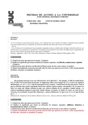 Examen de Selectividad: Historia de filosofía. Canarias. Convocatoria Julio 2013