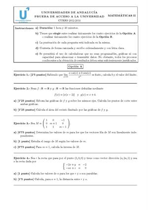 Examen de Selectividad: Matemáticas II. Andalucía. Convocatoria Junio 2013