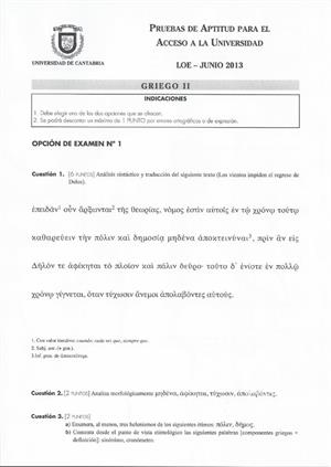 Examen de Selectividad: Griego. Cantabria. Convocatoria Junio 2013