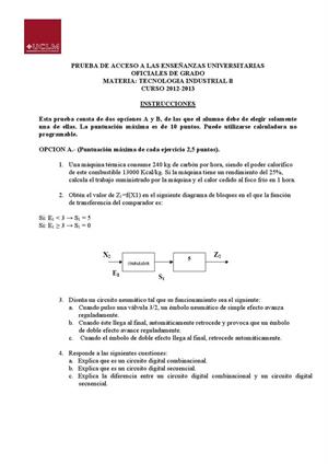 Examen de Selectividad: Tecnología industrial. Castilla-La Mancha. Convocatoria Junio 2013