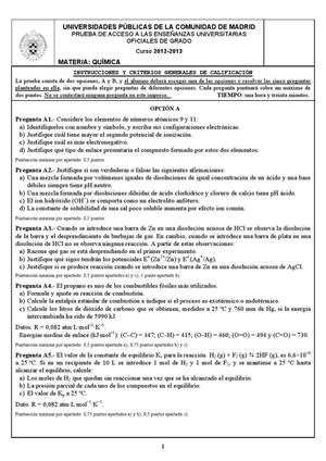 Examen de Selectividad: Química. Madrid. Convocatoria Junio 2013