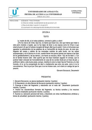 Examen de Selectividad: Literatura universal. Andalucía. Convocatoria Septiembre 2013