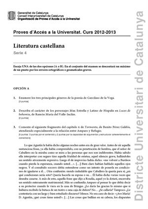 Examen de Selectividad: Literatura castellana. Cataluña. Convocatoria Junio 2013