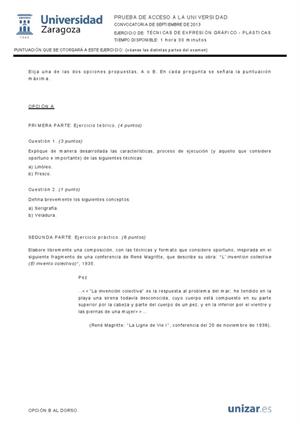 Examen de Selectividad: Técnicas de expresión grafo-plástica. Aragón. Convocatoria Septiembre 2013