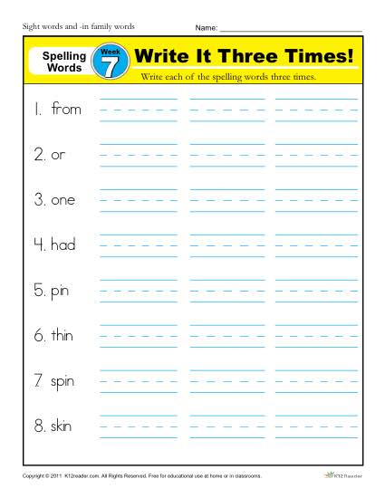 First Grade Spelling Words List – Week 7 (List A-7)