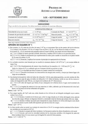 Examen de Selectividad: Física. Cantabria. Convocatoria Septiembre 2013