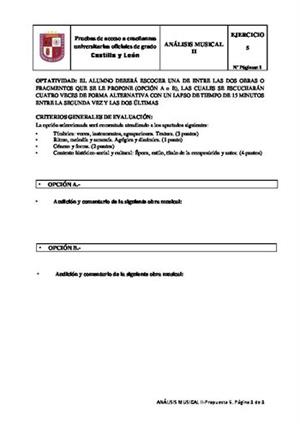 Examen de Selectividad: Análisis musical. Castilla y León. Convocatoria Junio 2014