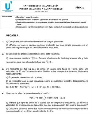 Examen de Selectividad: Física 2. Andalucía. Convocatoria Junio 2012