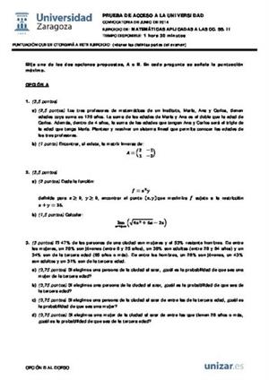 Examen de Selectividad: Matemáticas CCSS. Aragón. Convocatoria Junio 2014
