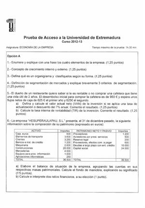 Examen de Selectividad: Economía. Extremadura. Convocatoria Junio 2013