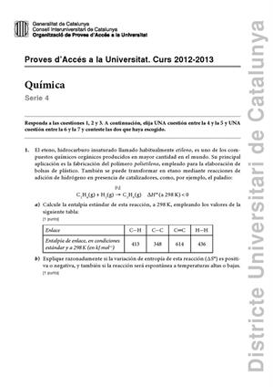 Examen de Selectividad: Química. Cataluña. Convocatoria Junio 2013