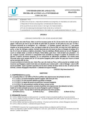 Examen de Selectividad: Francés. Andalucía. Convocatoria Junio 2013