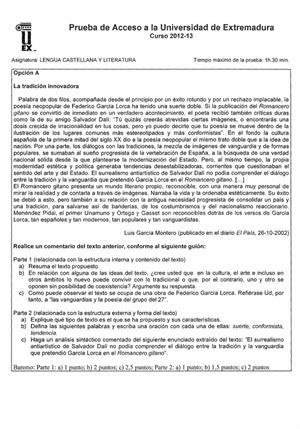 Examen de Selectividad: Lengua castellana y su literatura. Extremadura. Convocatoria Septiembre 2013